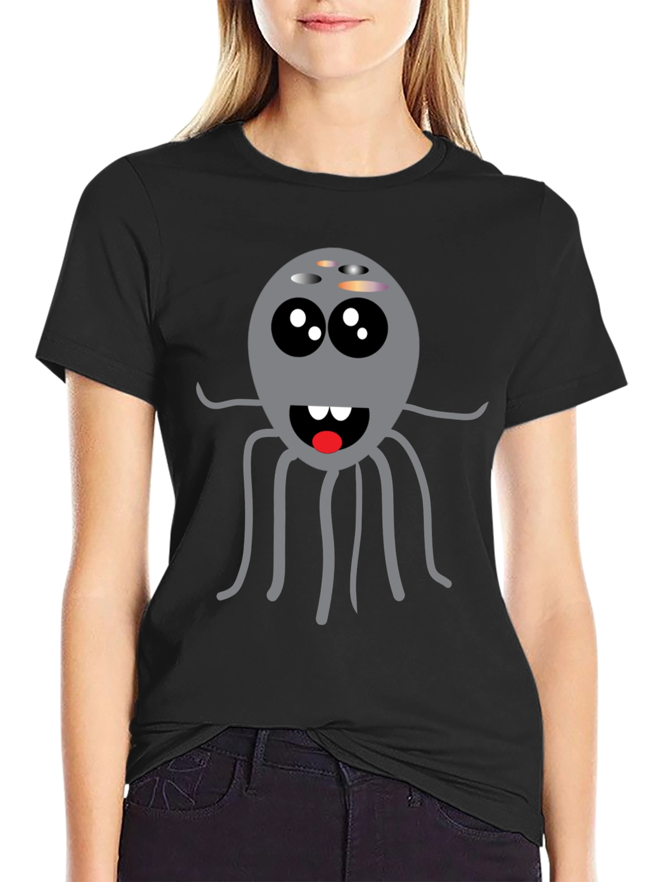 Cute Cartoon Octopus Graphic Black T-Shirt