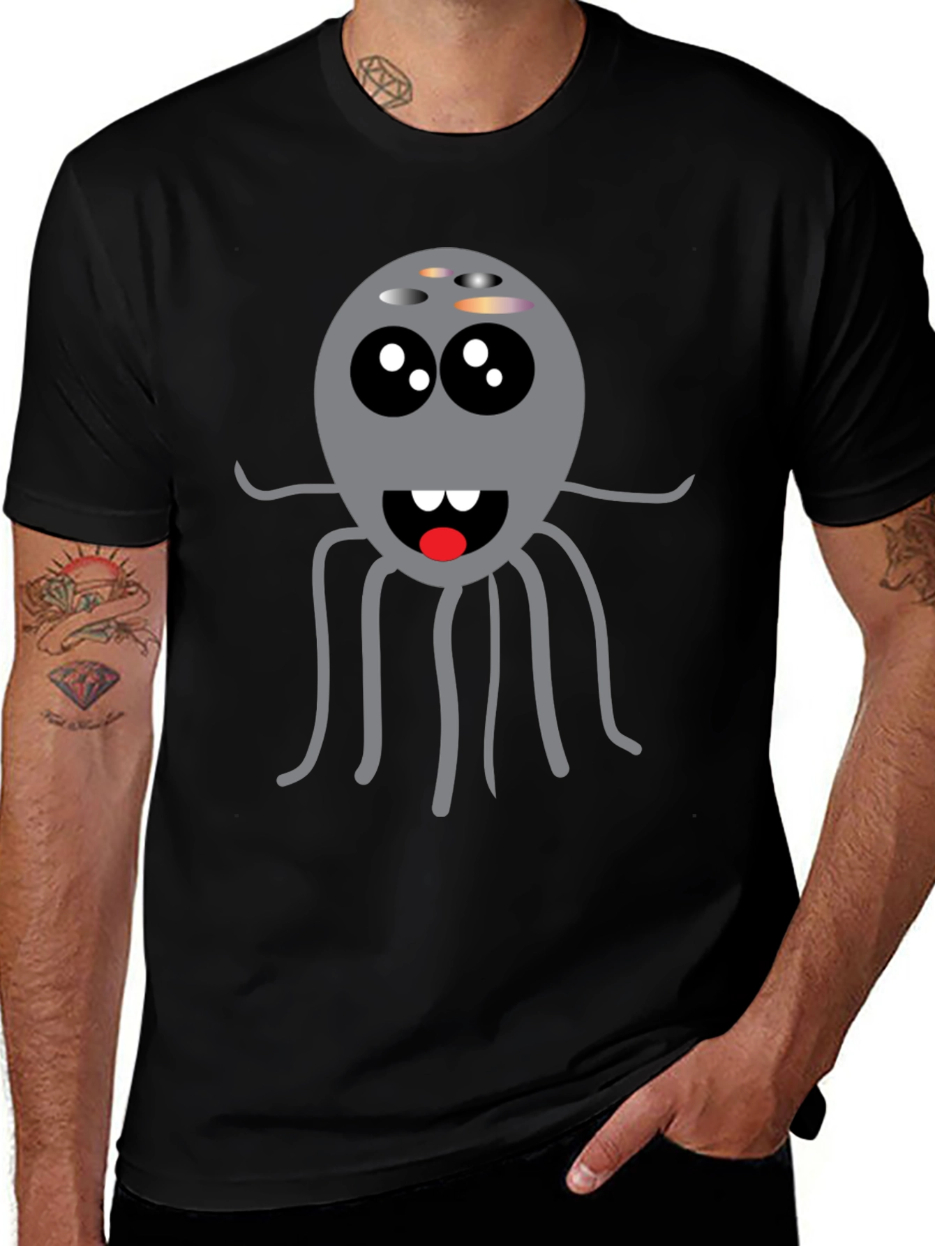 Cute Cartoon Octopus Graphic Black T-Shirt