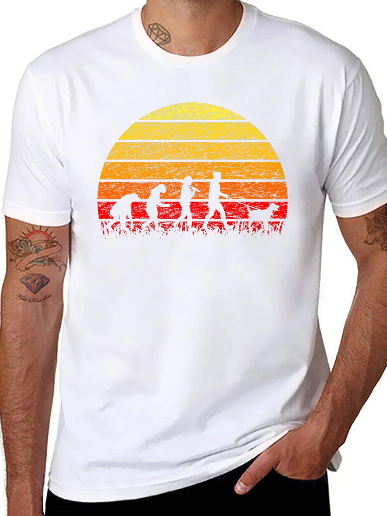 Evolution of Dog Walking T-Shirt - Retro Sunset Design