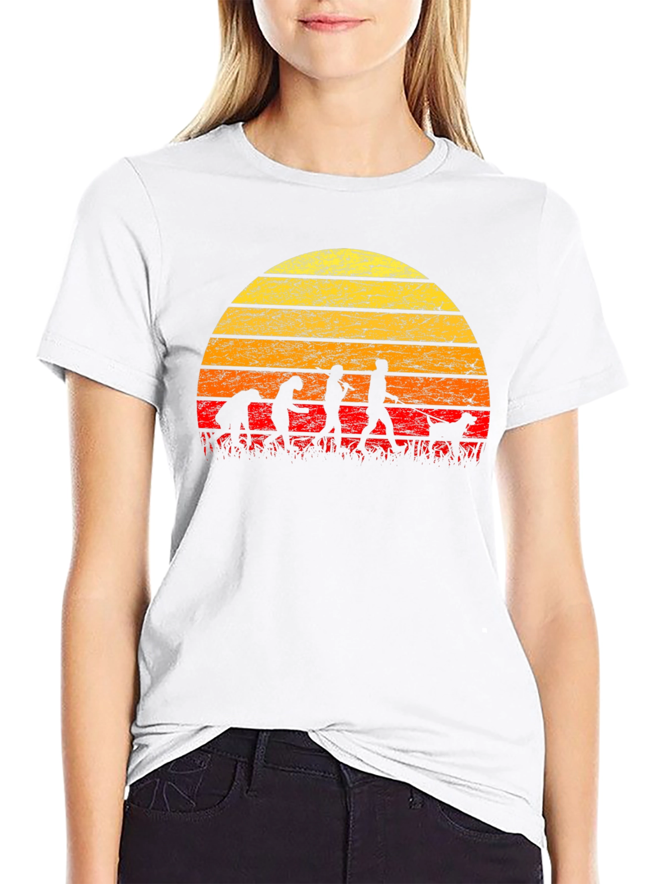 Evolution of Dog Walking T-Shirt - Retro Sunset Design