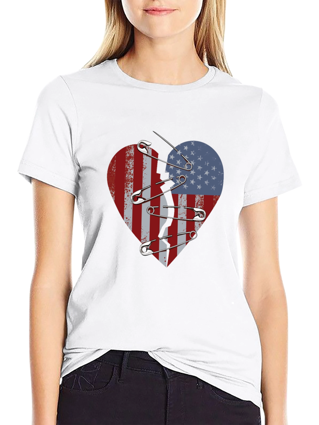 Broken Heart American Flag Safety Pin Graphic Tee