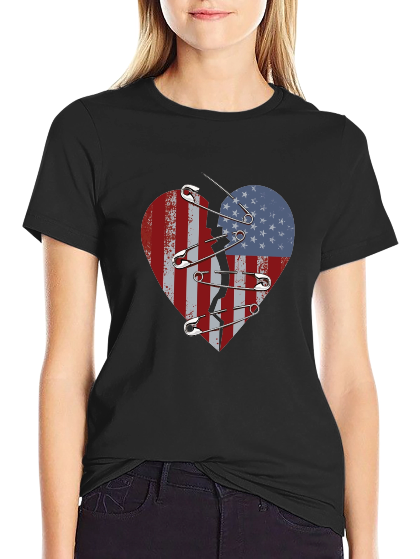 Broken Heart American Flag Safety Pin Graphic Tee
