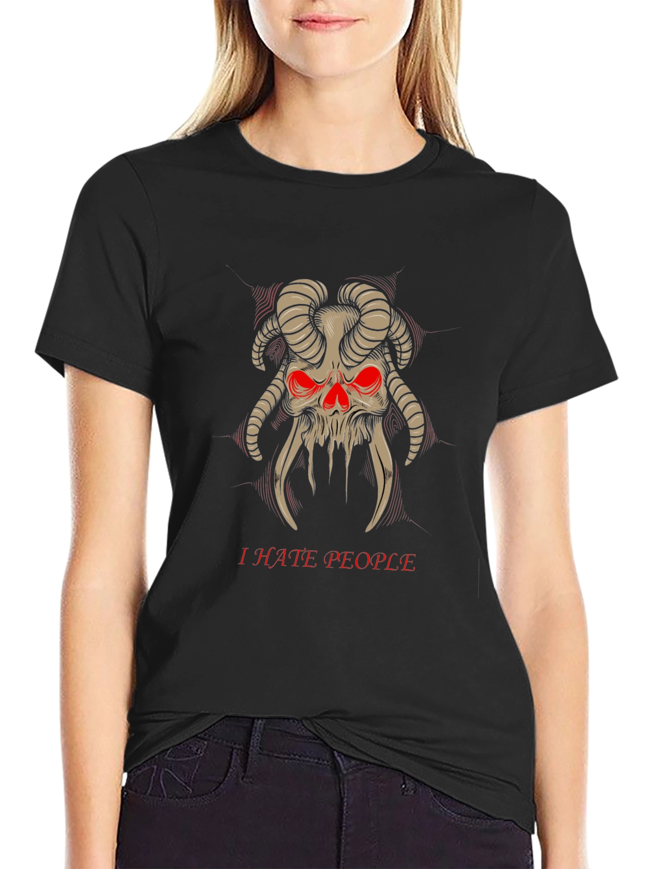 I Hate People Skull Horns T-Shirt Black