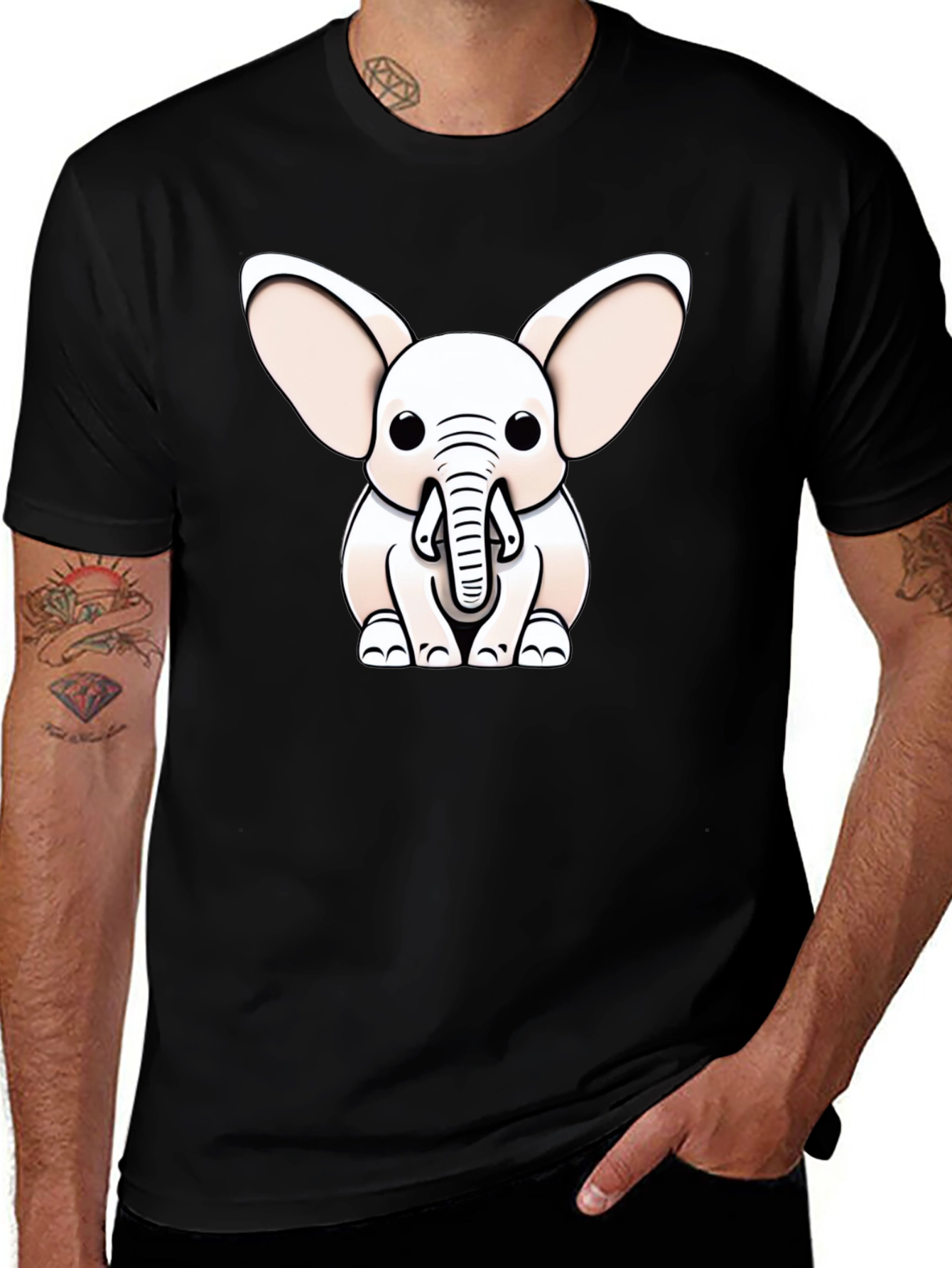Cute Cartoon Elephant Graphic Tee - Black Cotton Blend