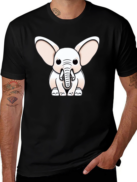 Cute Cartoon Elephant Graphic Tee - Black Cotton Blend