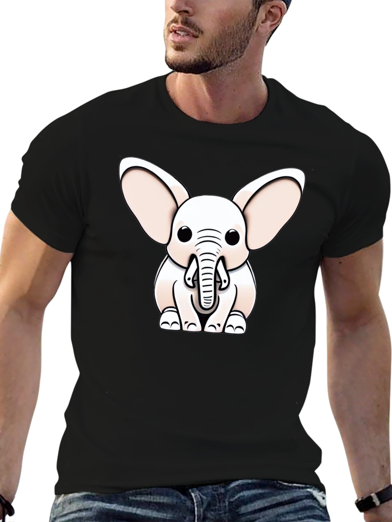 Cute Cartoon Elephant Graphic Tee - Black Cotton Blend