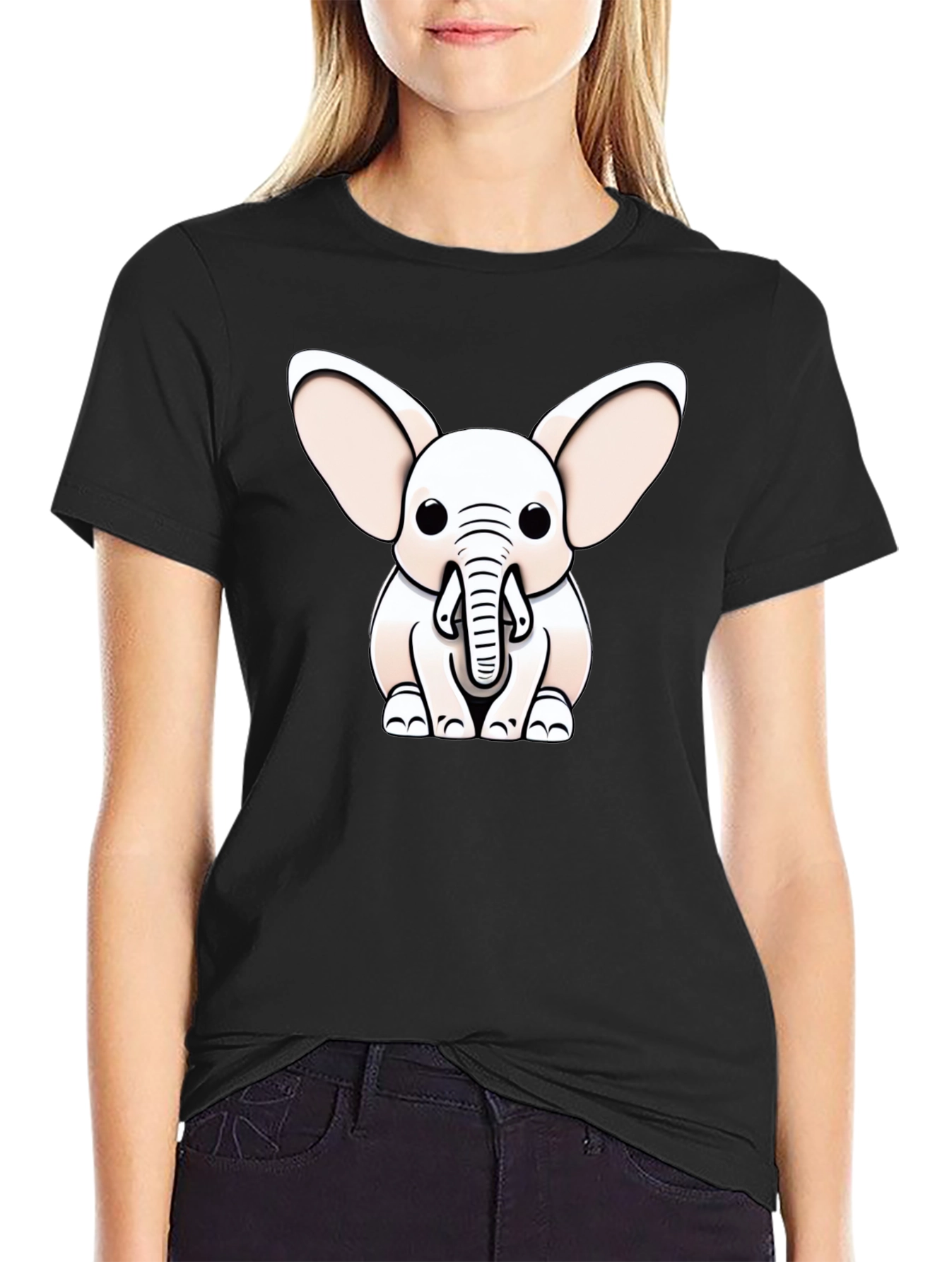 Cute Cartoon Elephant Graphic Tee - Black Cotton Blend