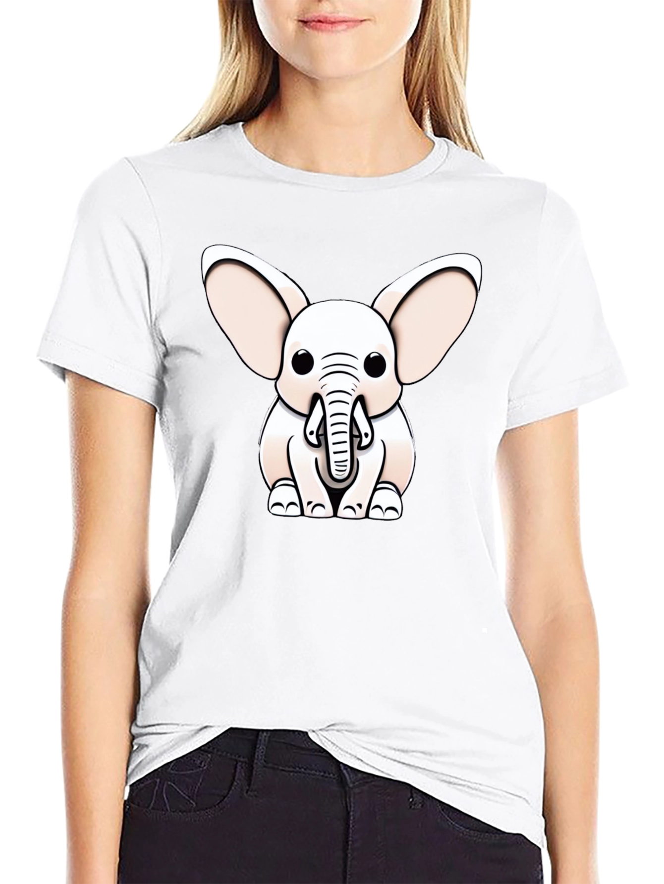 Cute Cartoon Elephant Graphic Tee - Black Cotton Blend