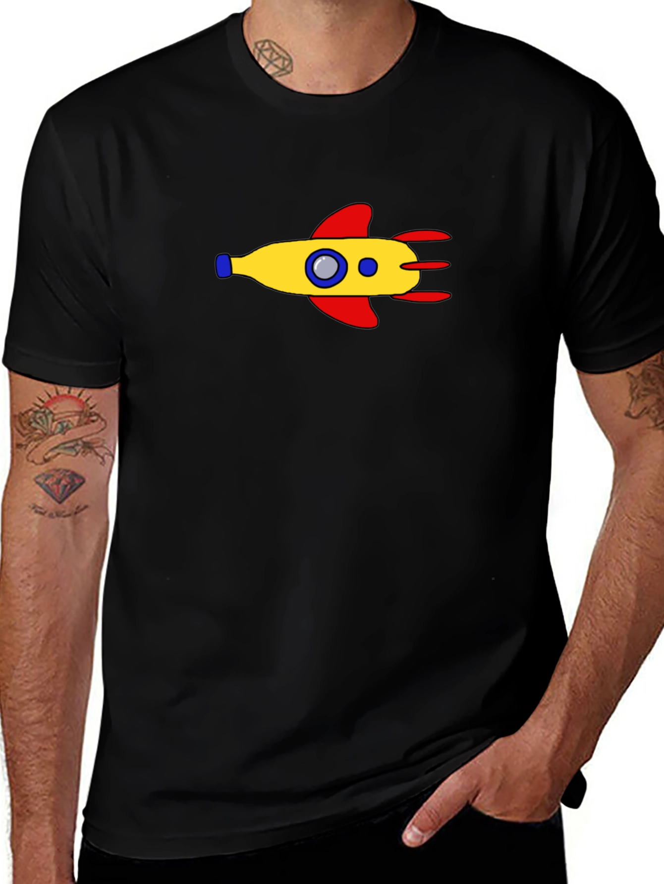 Retro Rocket Graphic Tee - Black Cotton Blend