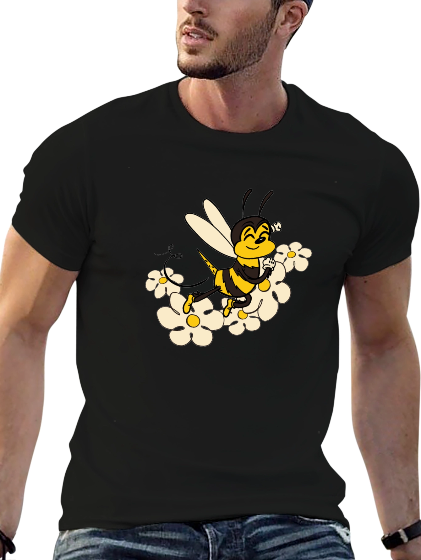 Bee and Daisy Graphic Print Black Tee