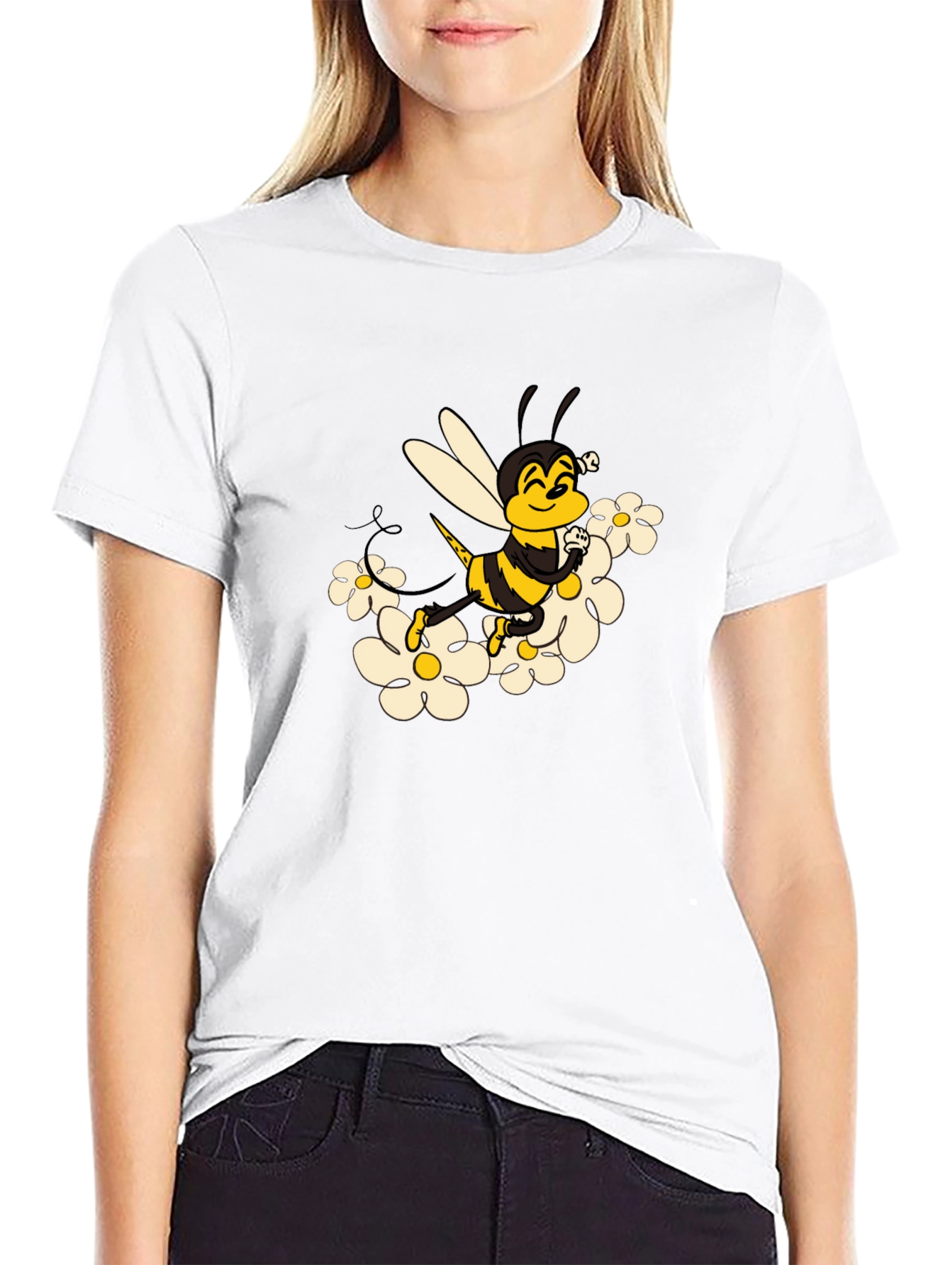 Bee and Daisy Graphic Print Black Tee