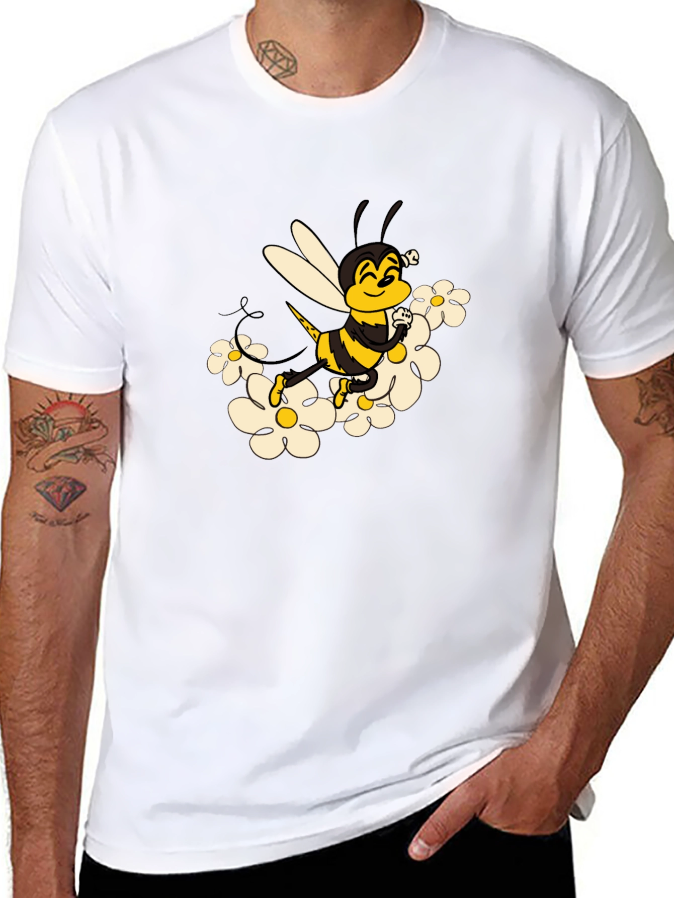 Bee and Daisy Graphic Print Black Tee