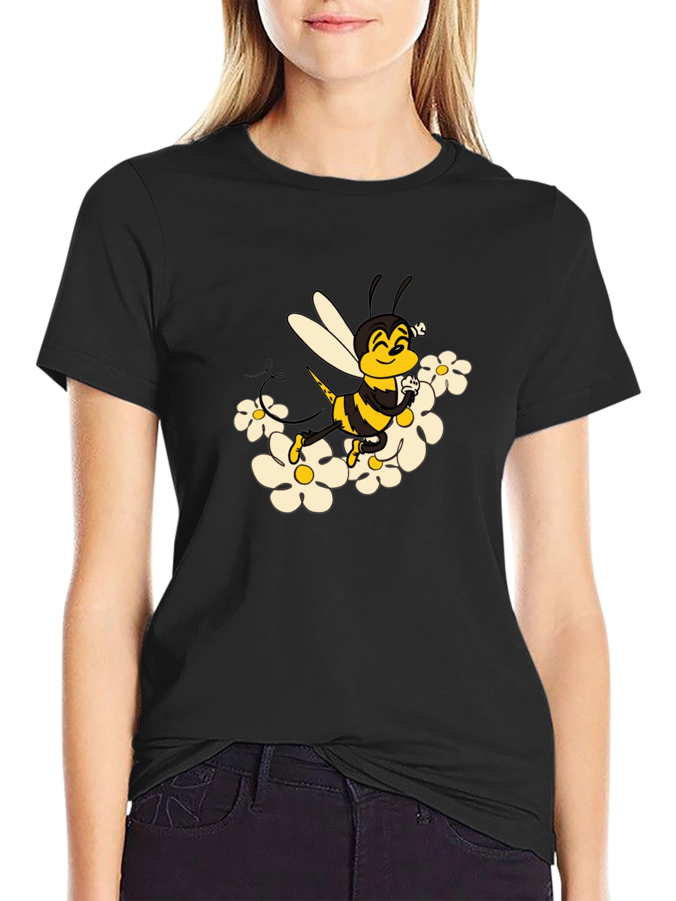 Bee and Daisy Graphic Print Black Tee