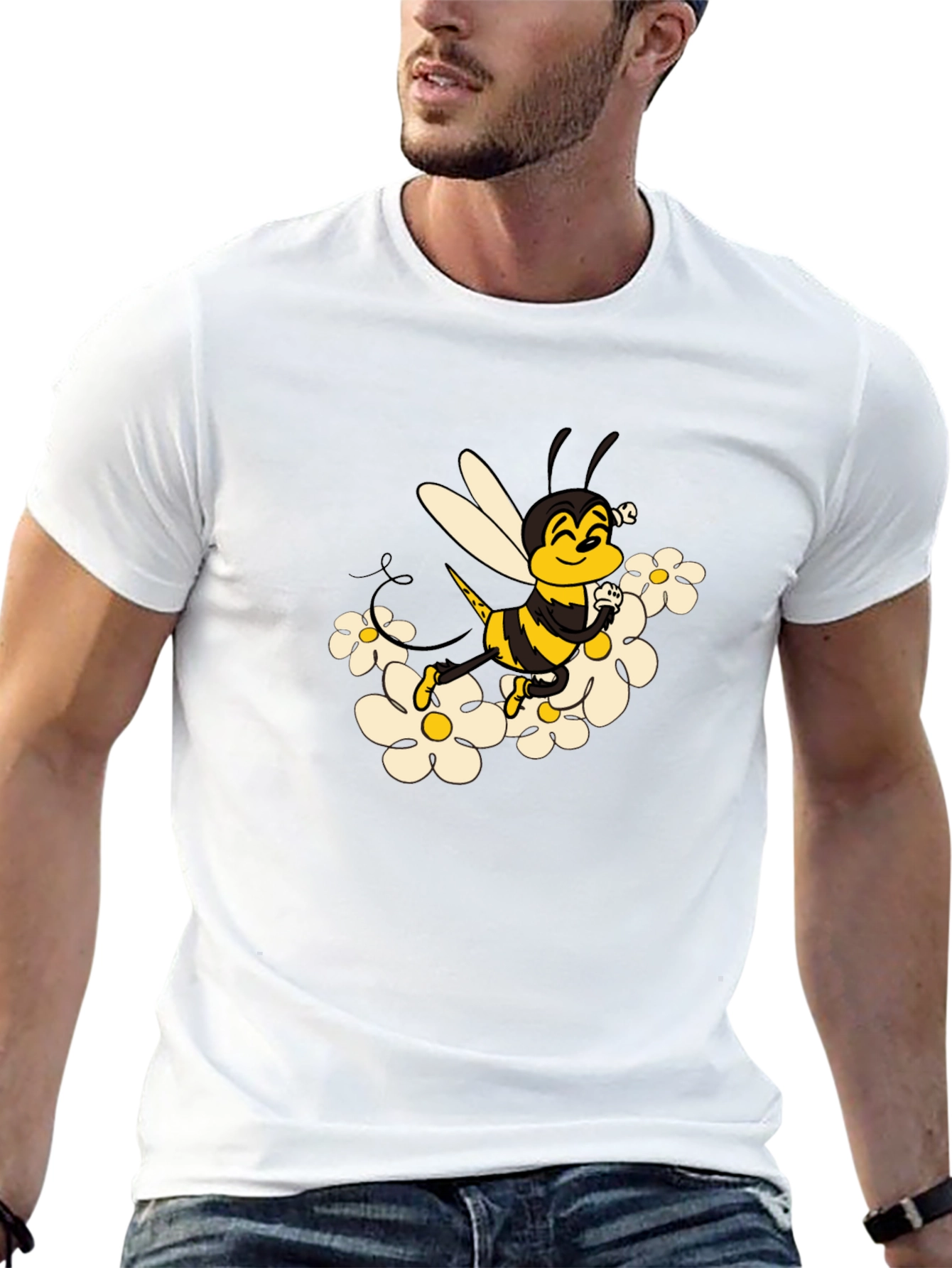 Bee and Daisy Graphic Print Black Tee