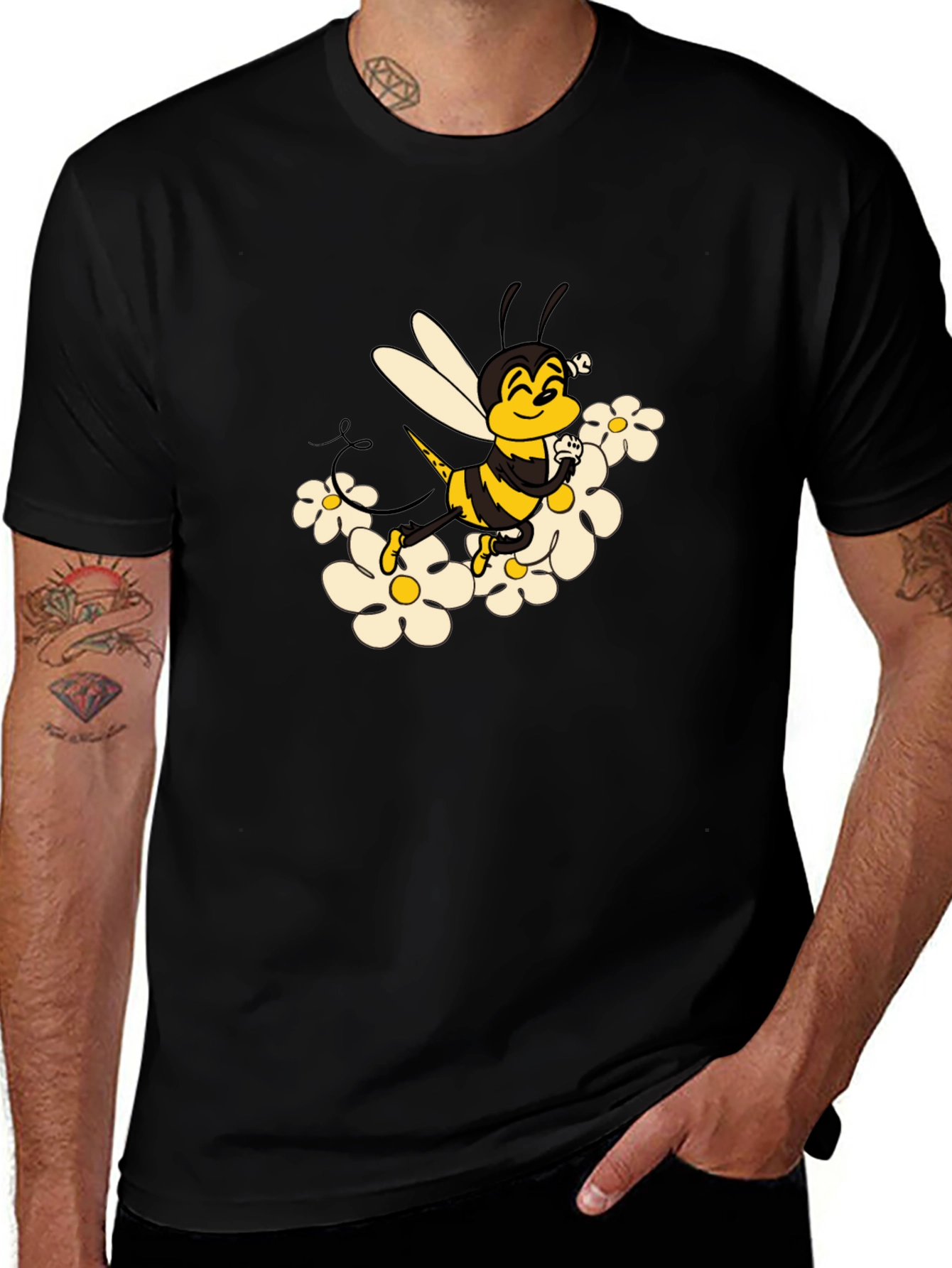 Bee and Daisy Graphic Print Black Tee