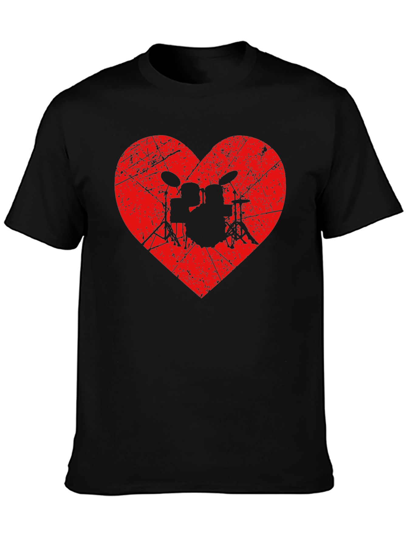 Drum Kit Heart Graphic Tee - Black Cotton Shirt