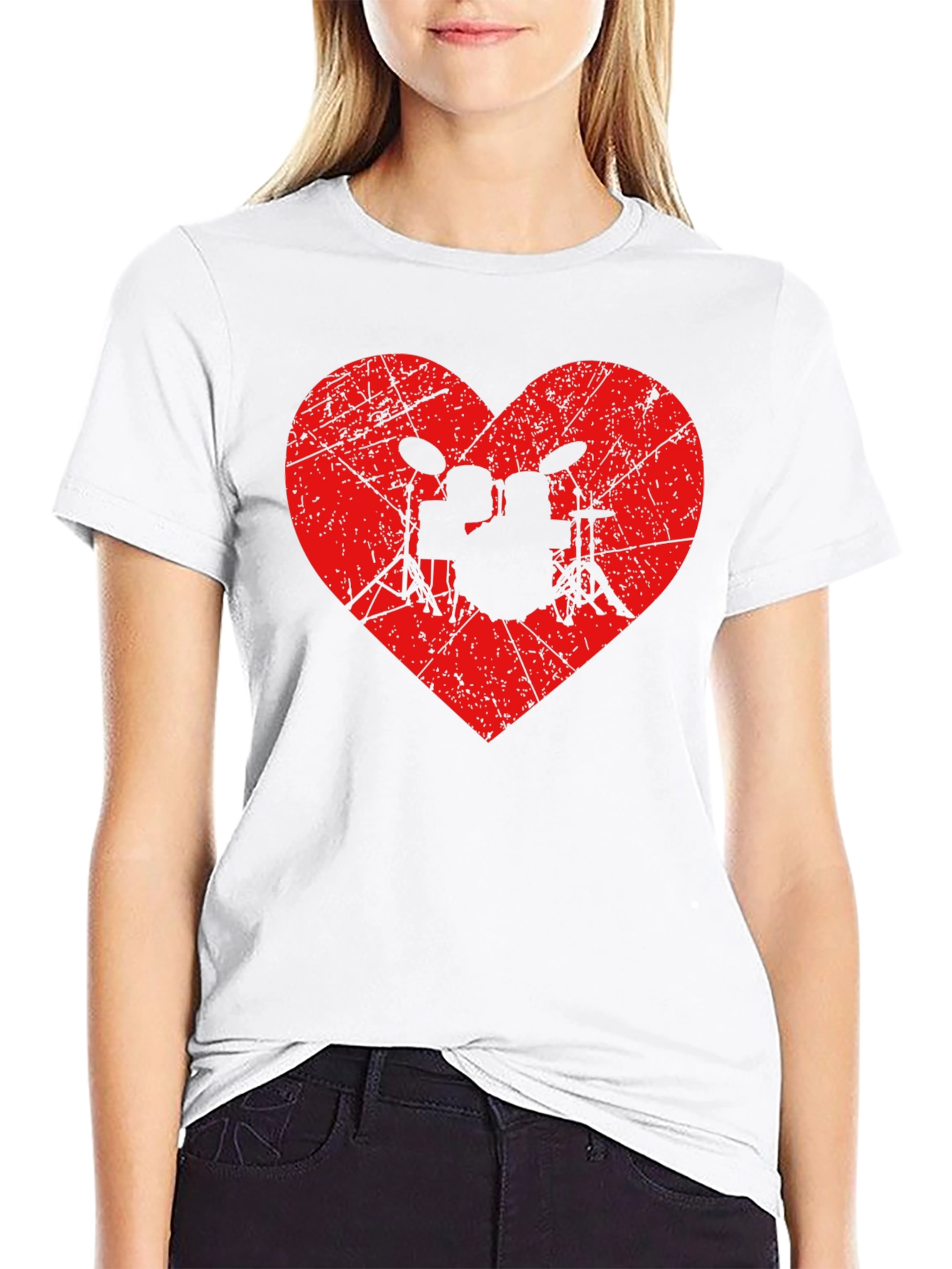 Drum Kit Heart Graphic Tee - Black Cotton Shirt