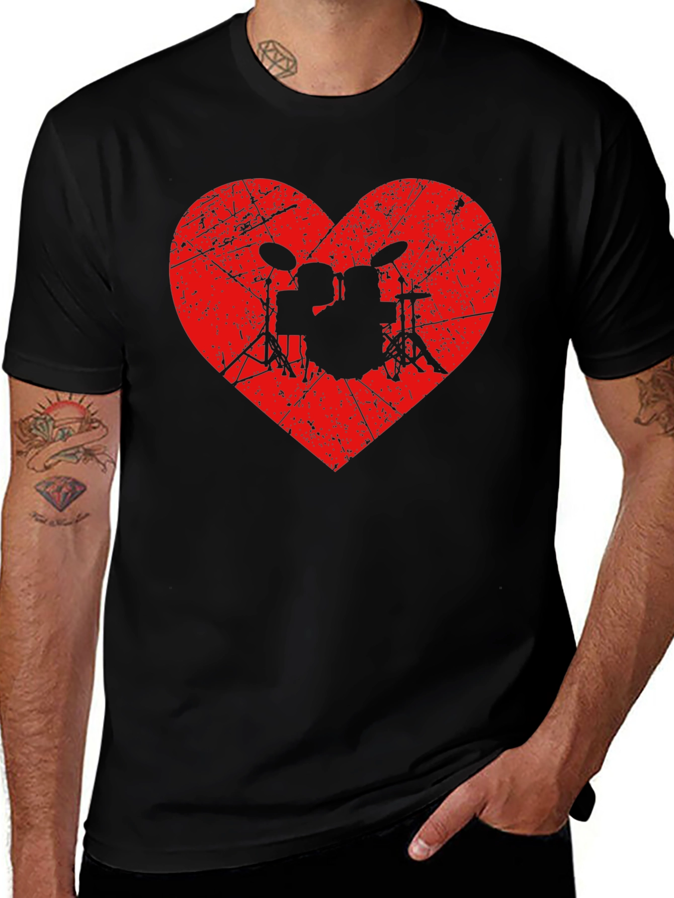 Drum Kit Heart Graphic Tee - Black Cotton Shirt