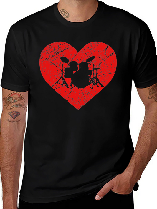 Drum Kit Heart Graphic Tee - Black Cotton Shirt
