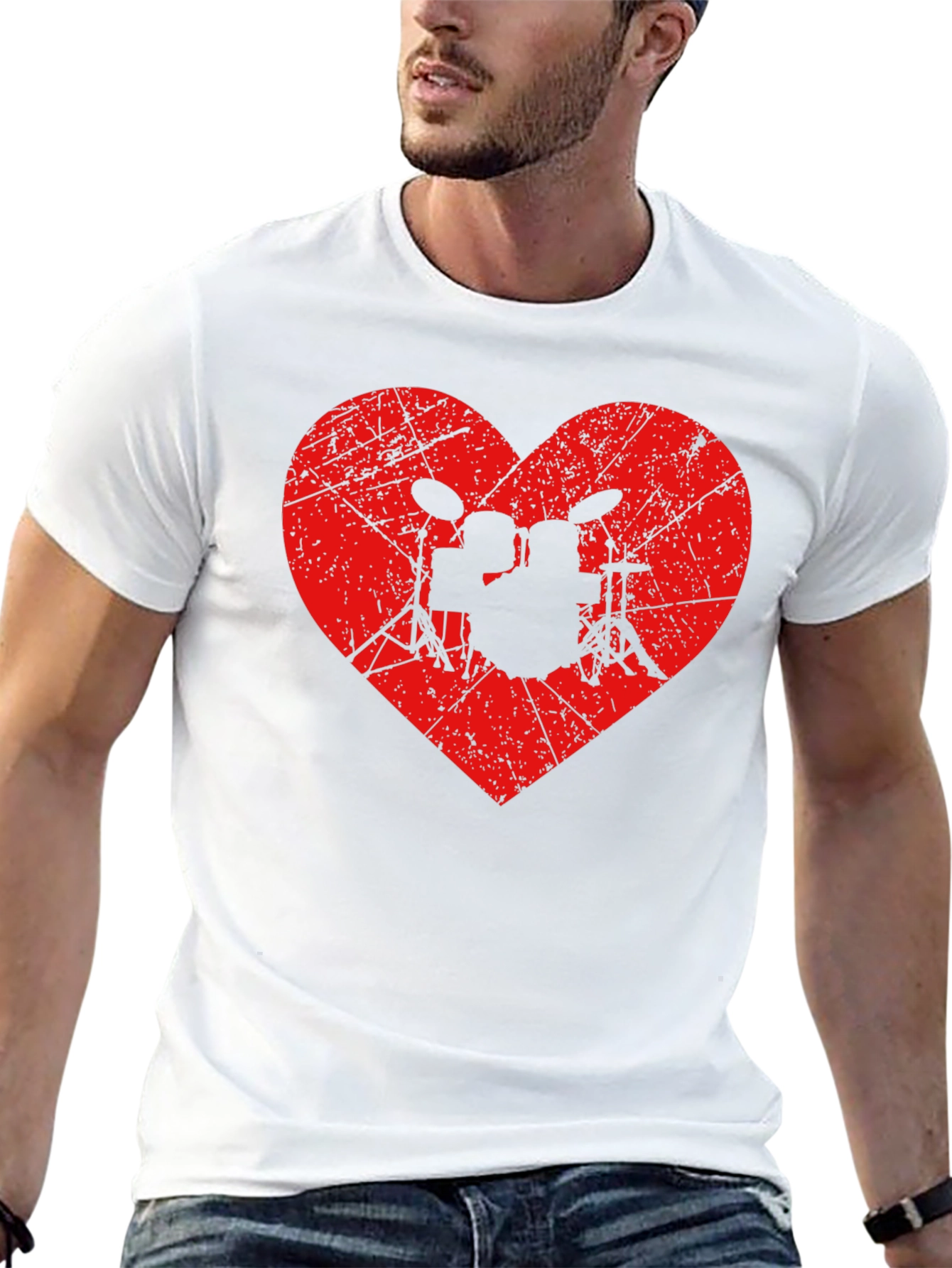 Drum Kit Heart Graphic Tee - Black Cotton Shirt