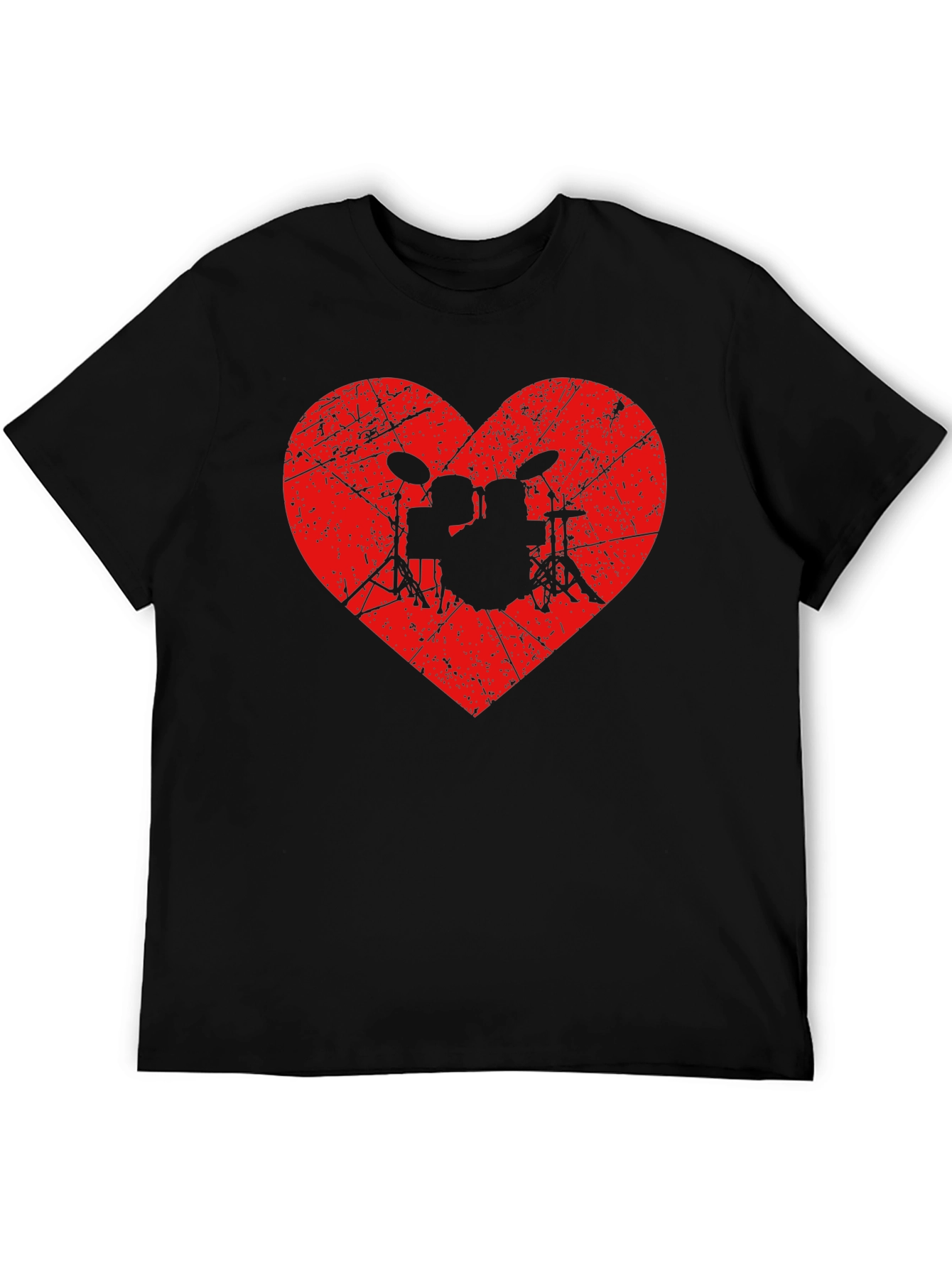 Drum Kit Heart Graphic Tee - Black Cotton Shirt