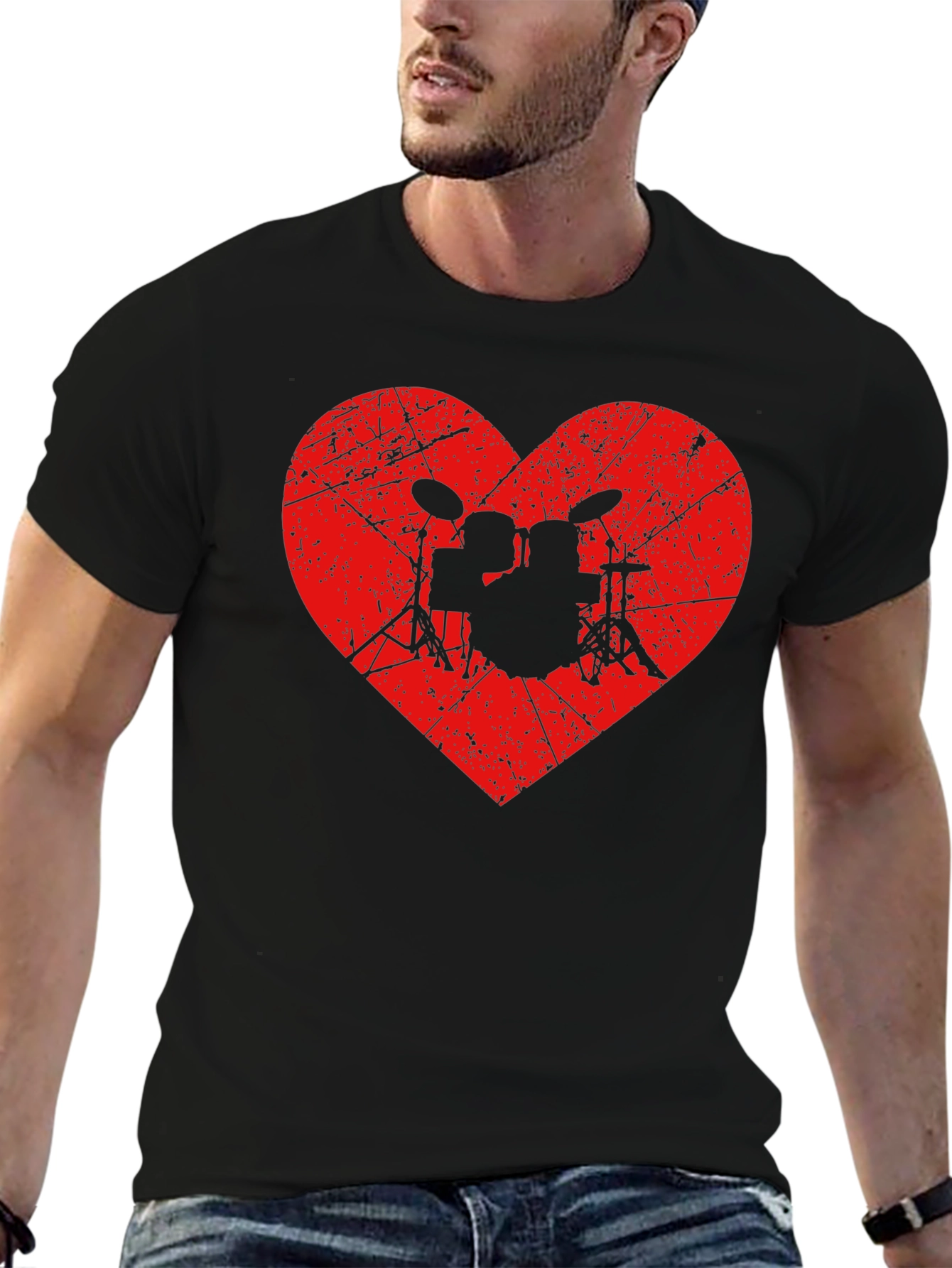Drum Kit Heart Graphic Tee - Black Cotton Shirt