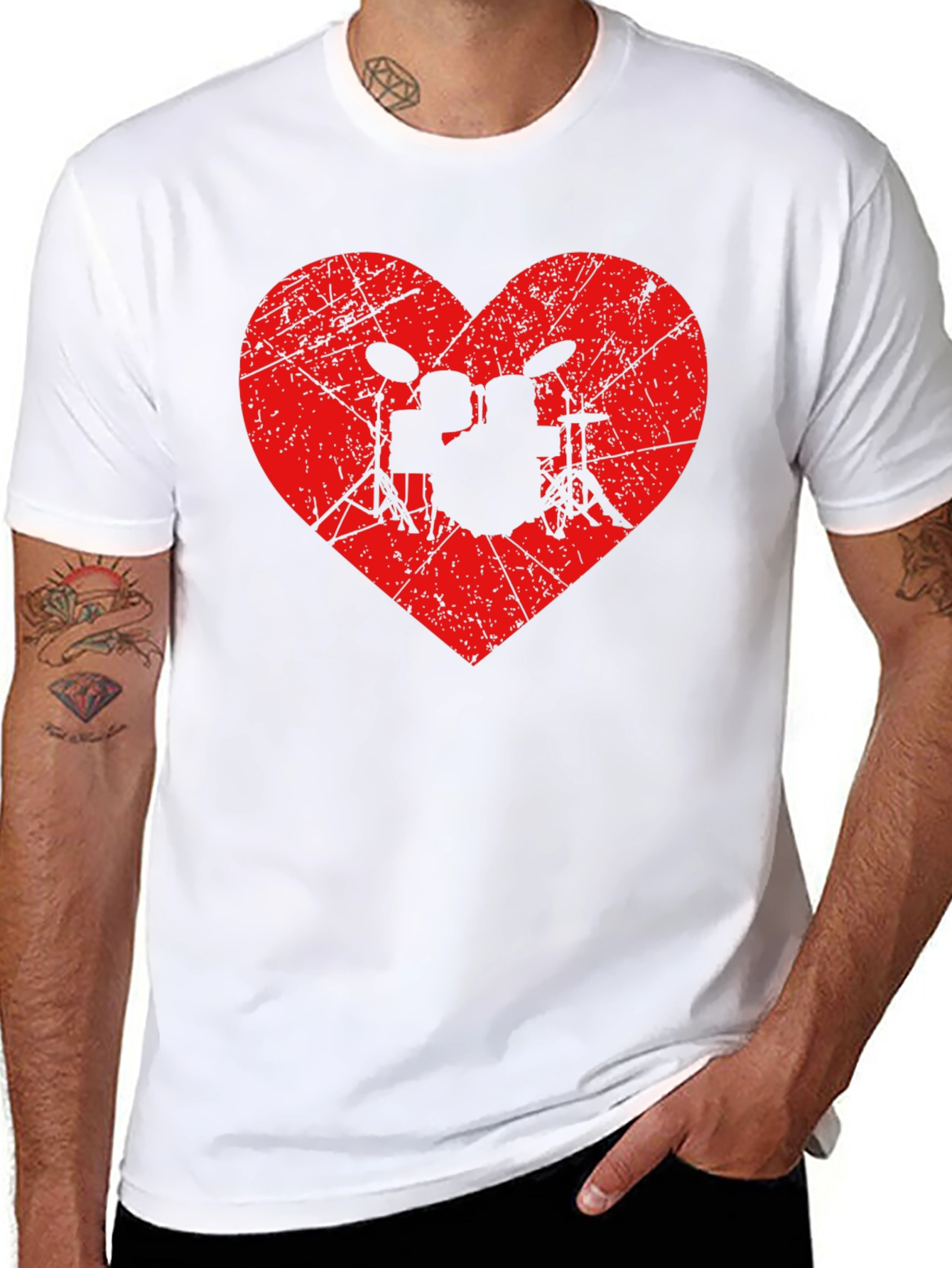 Drum Kit Heart Graphic Tee - Black Cotton Shirt