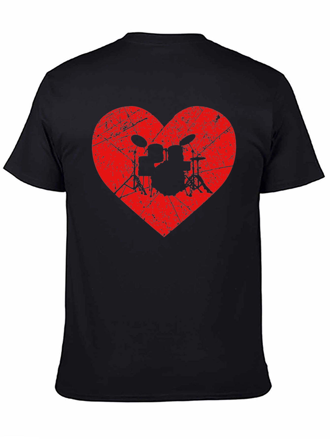 Drum Kit Heart Graphic Tee - Black Cotton Shirt