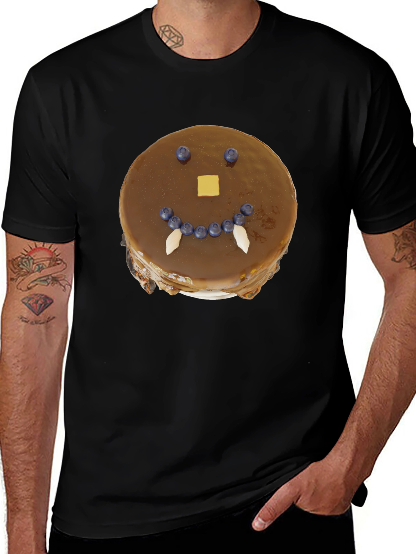 Funny Pancake Face Graphic Tee - Casual Black T-Shirt