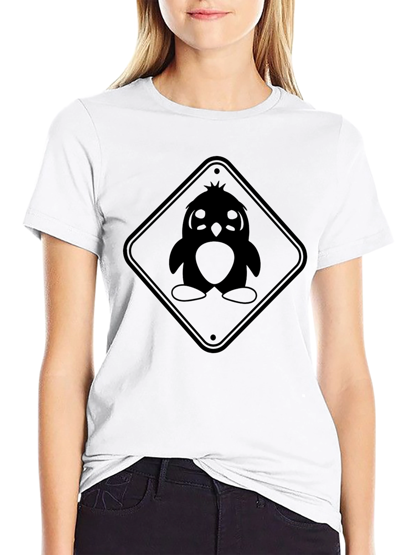 Penguin Caution Sign Graphic Tee - Unisex Black T-Shirt