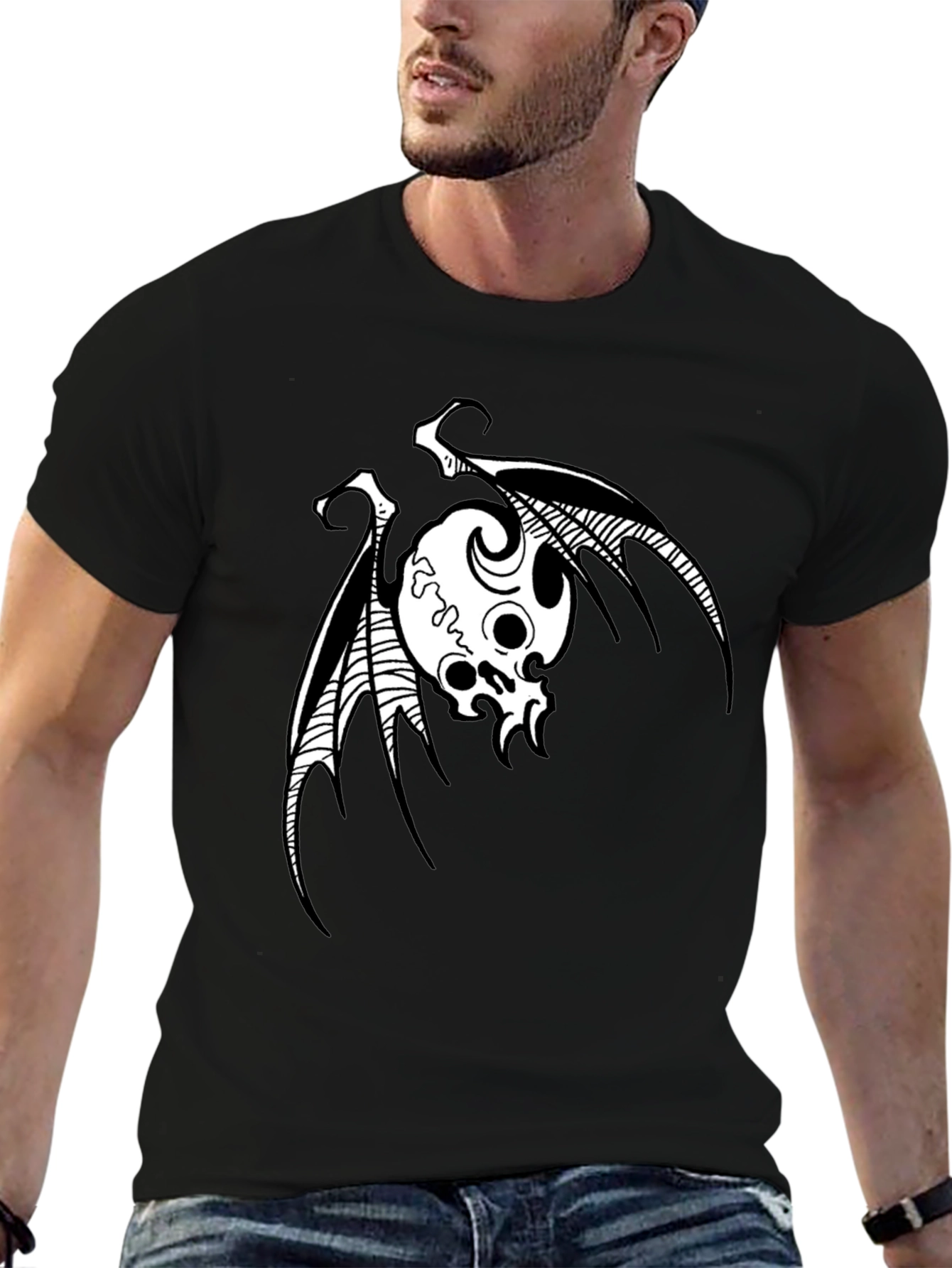 Skull Bat Graphic Print Mens Black T-Shirt