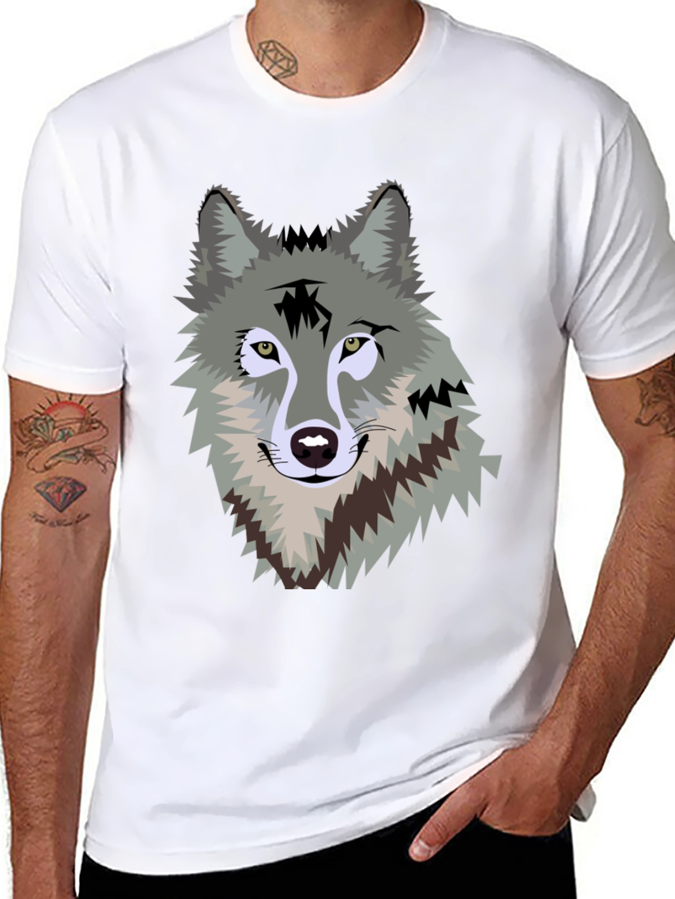 Mens Black T-Shirt with Wolf Graphic
