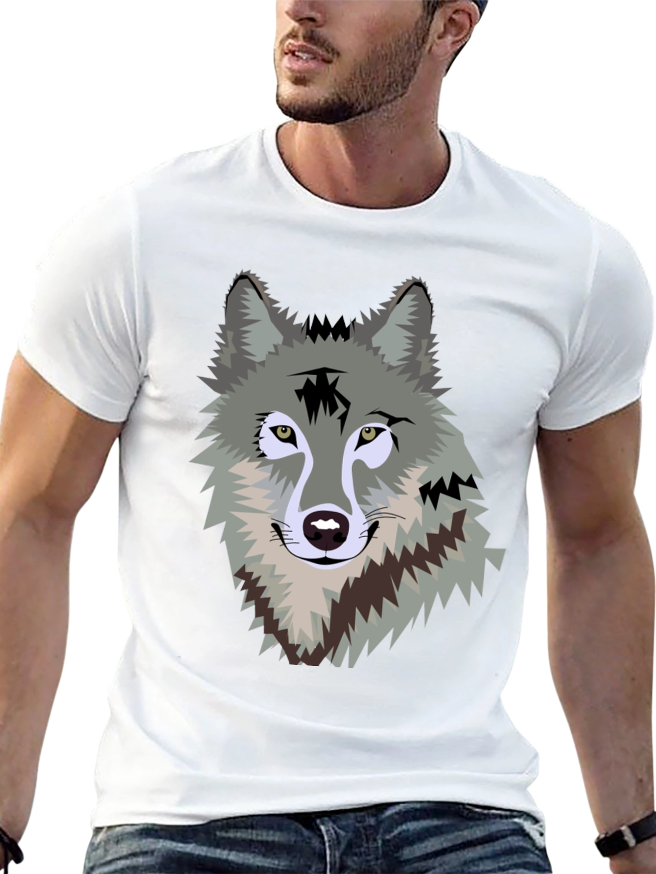 Mens Black T-Shirt with Wolf Graphic