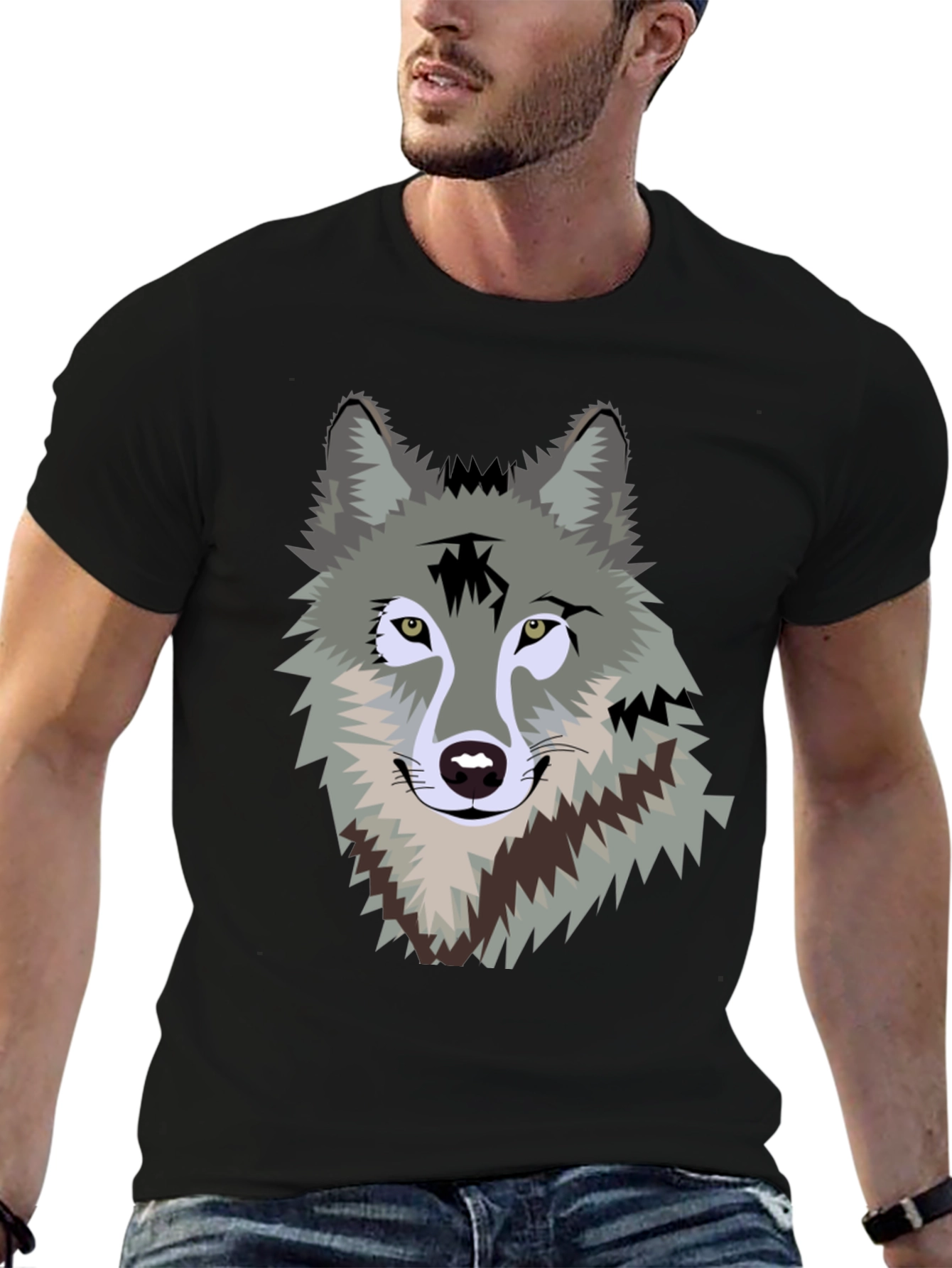 Mens Black T-Shirt with Wolf Graphic