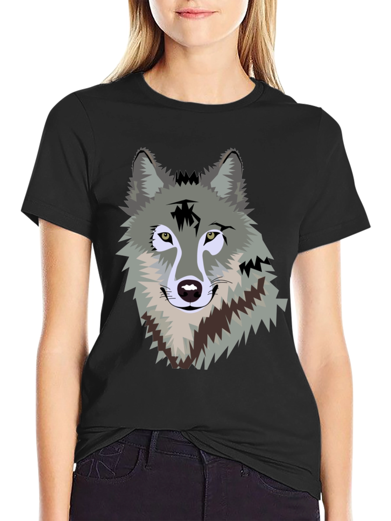 Mens Black T-Shirt with Wolf Graphic