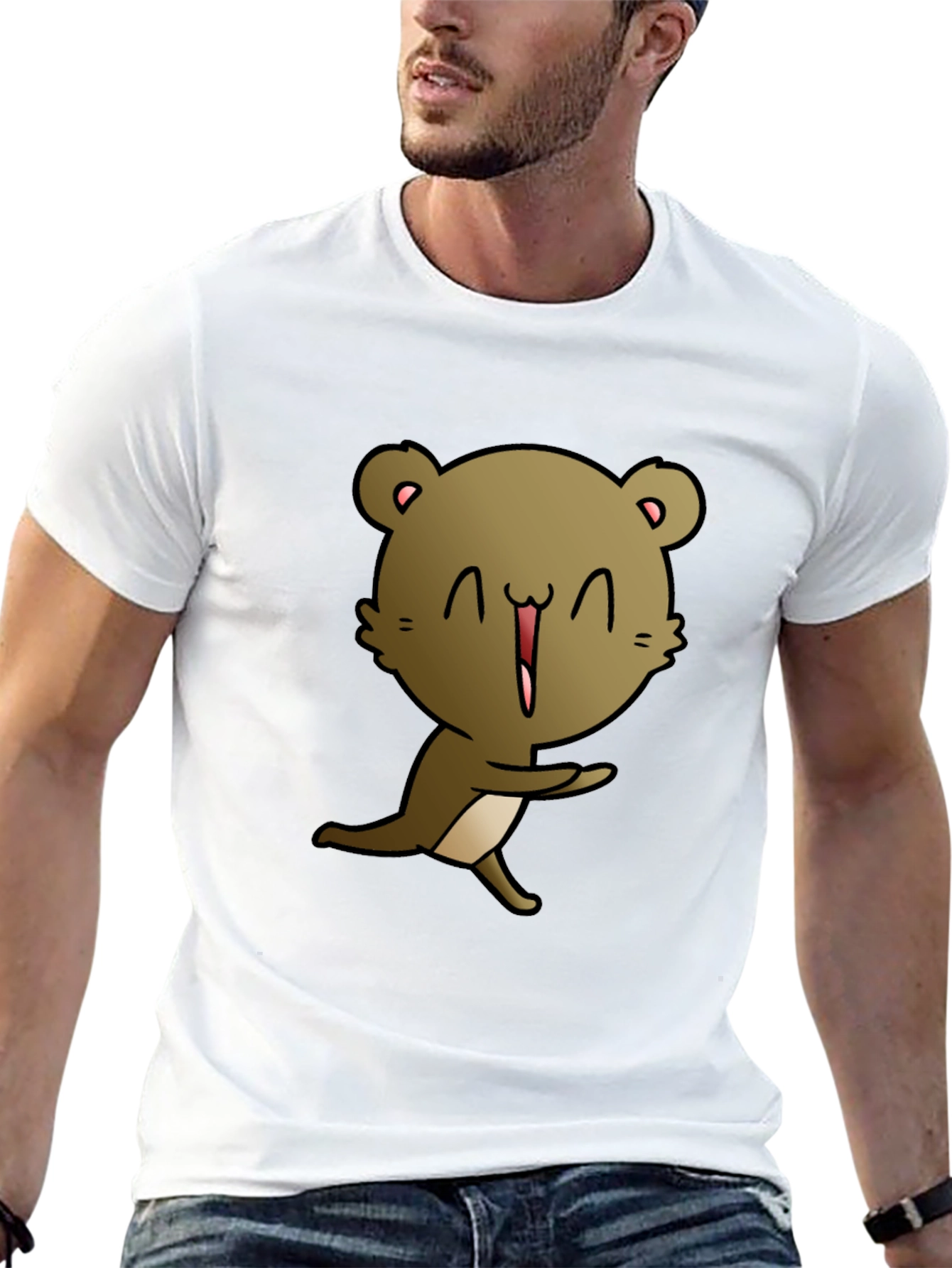 Cartoon Bear Graphic Tee - Black Cotton Blend