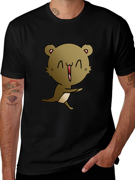 Cartoon Bear Graphic Tee - Black Cotton Blend