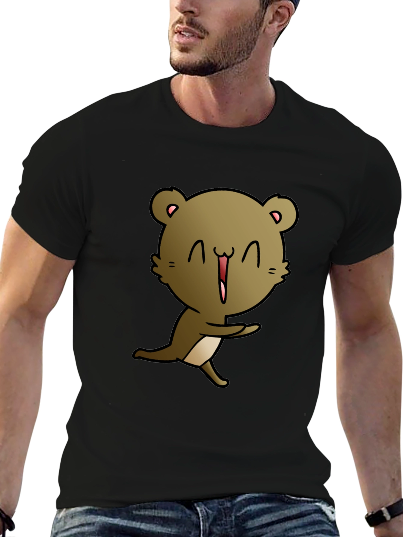 Cartoon Bear Graphic Tee - Black Cotton Blend