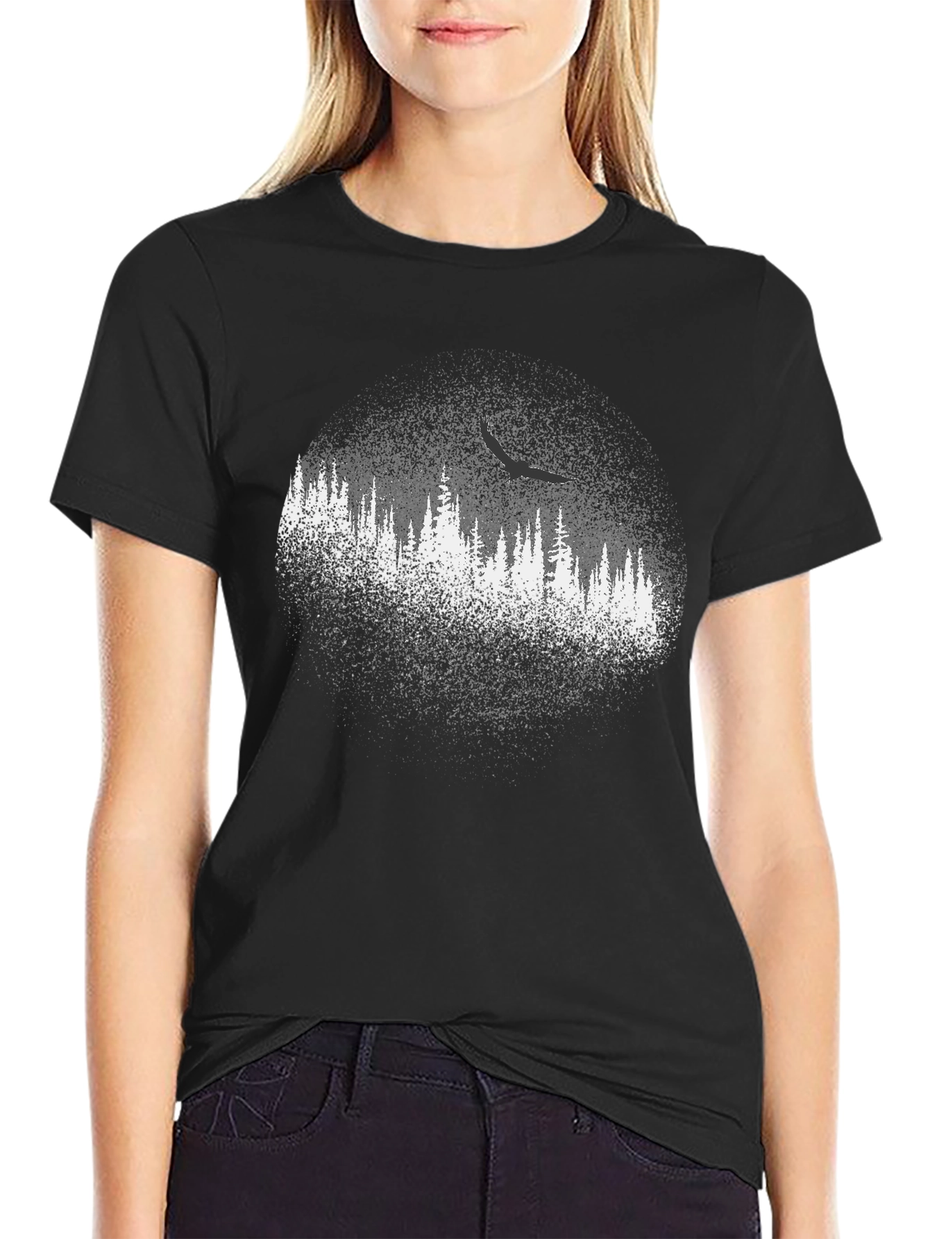 Black Tee with Forest Print