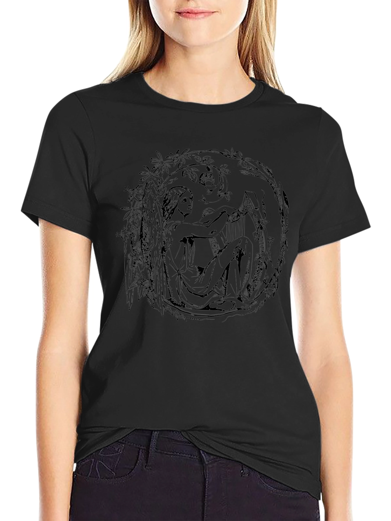 Art Nouveau Harpist Black T-Shirt