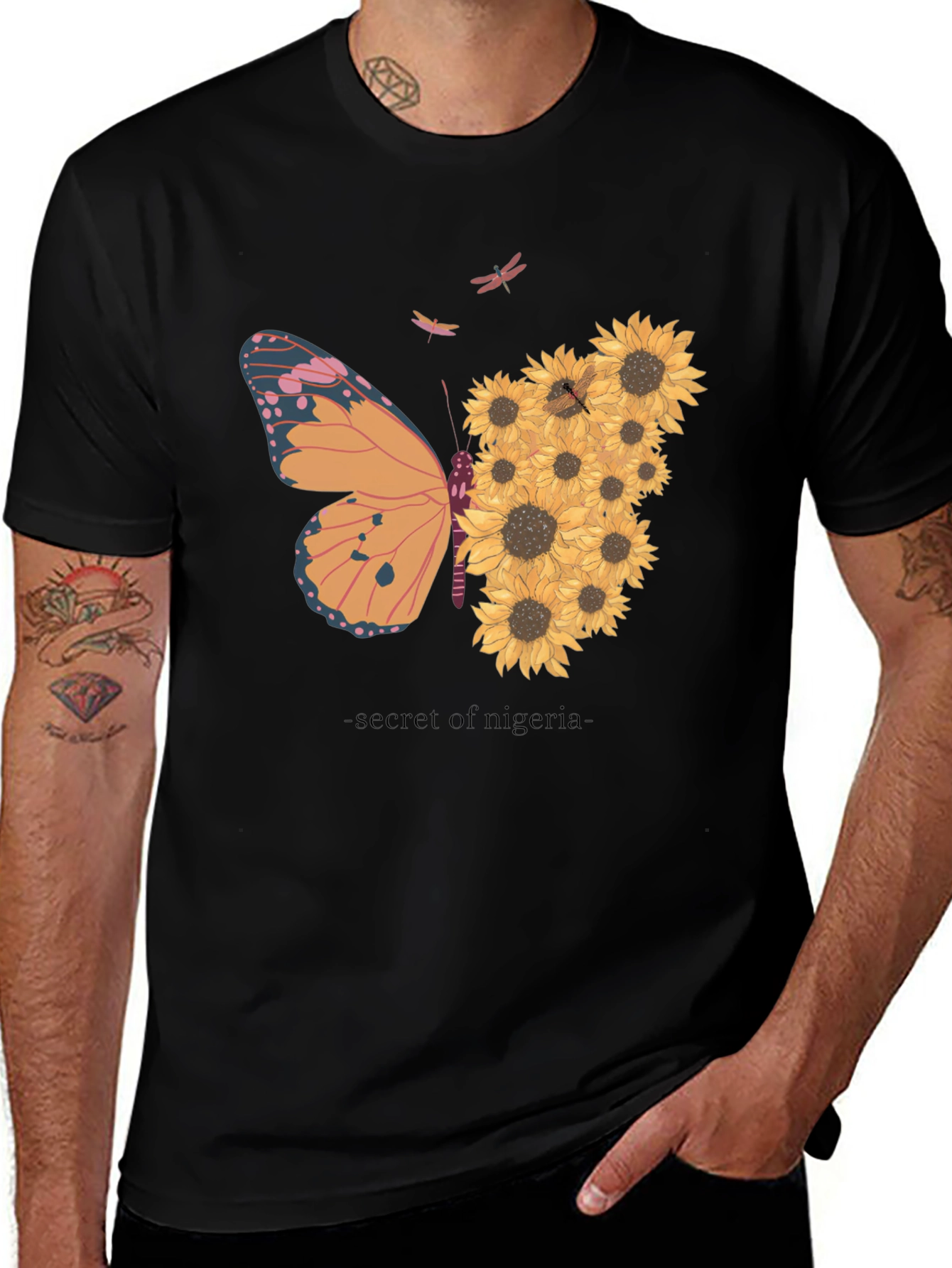Butterfly Sunflower Graphic Tee - Black Cotton Comfort