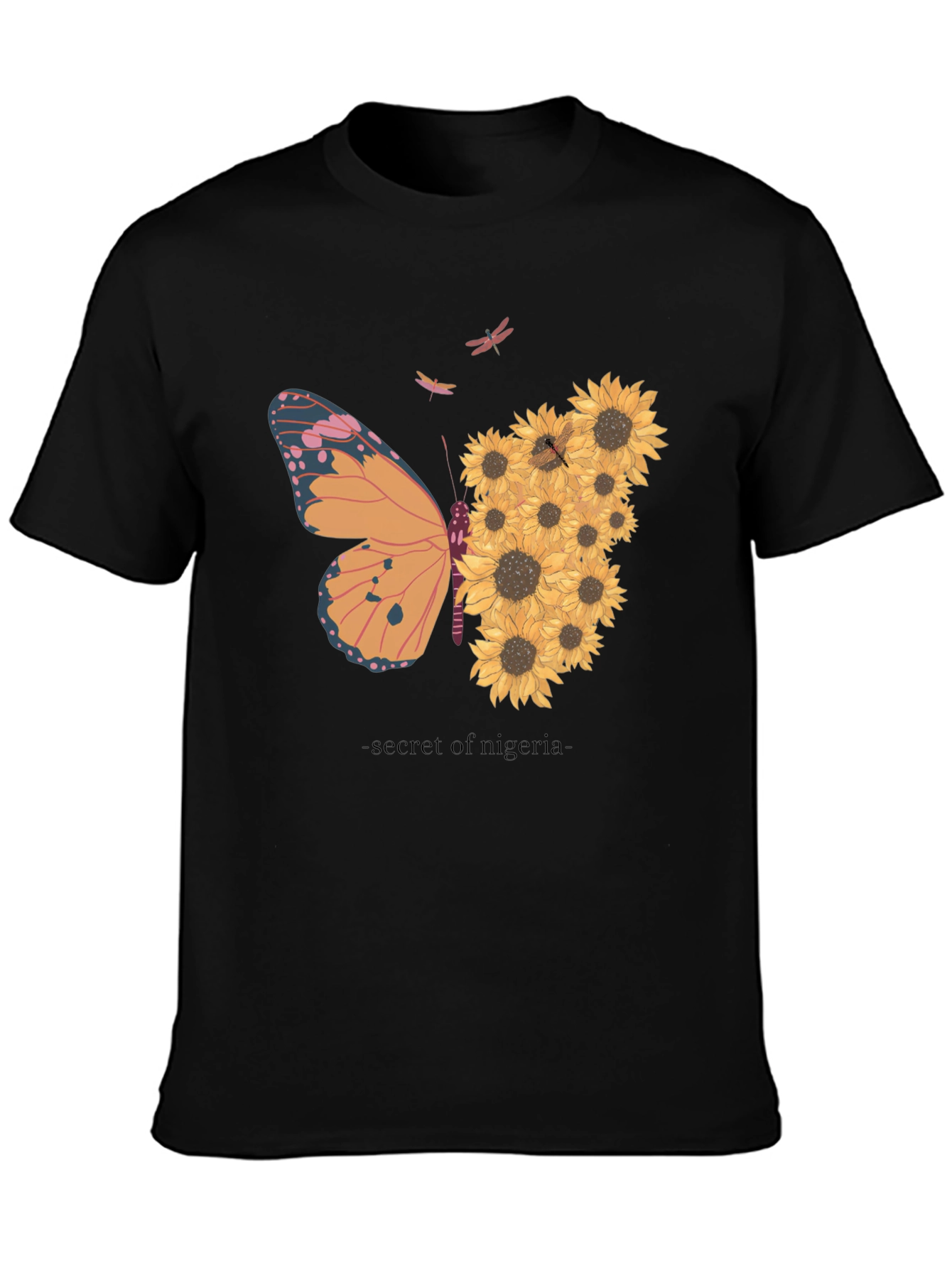 Butterfly Sunflower Graphic Tee - Black Cotton Comfort