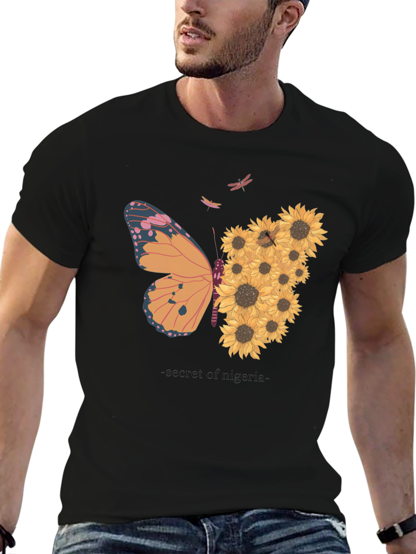 Butterfly Sunflower Graphic Tee - Black Cotton Comfort