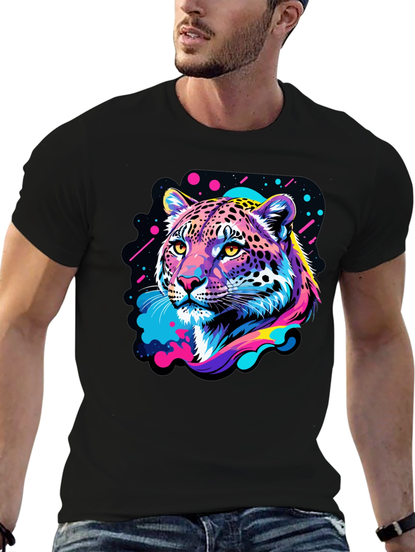 Neon Leopard Graphic Black T-Shirt