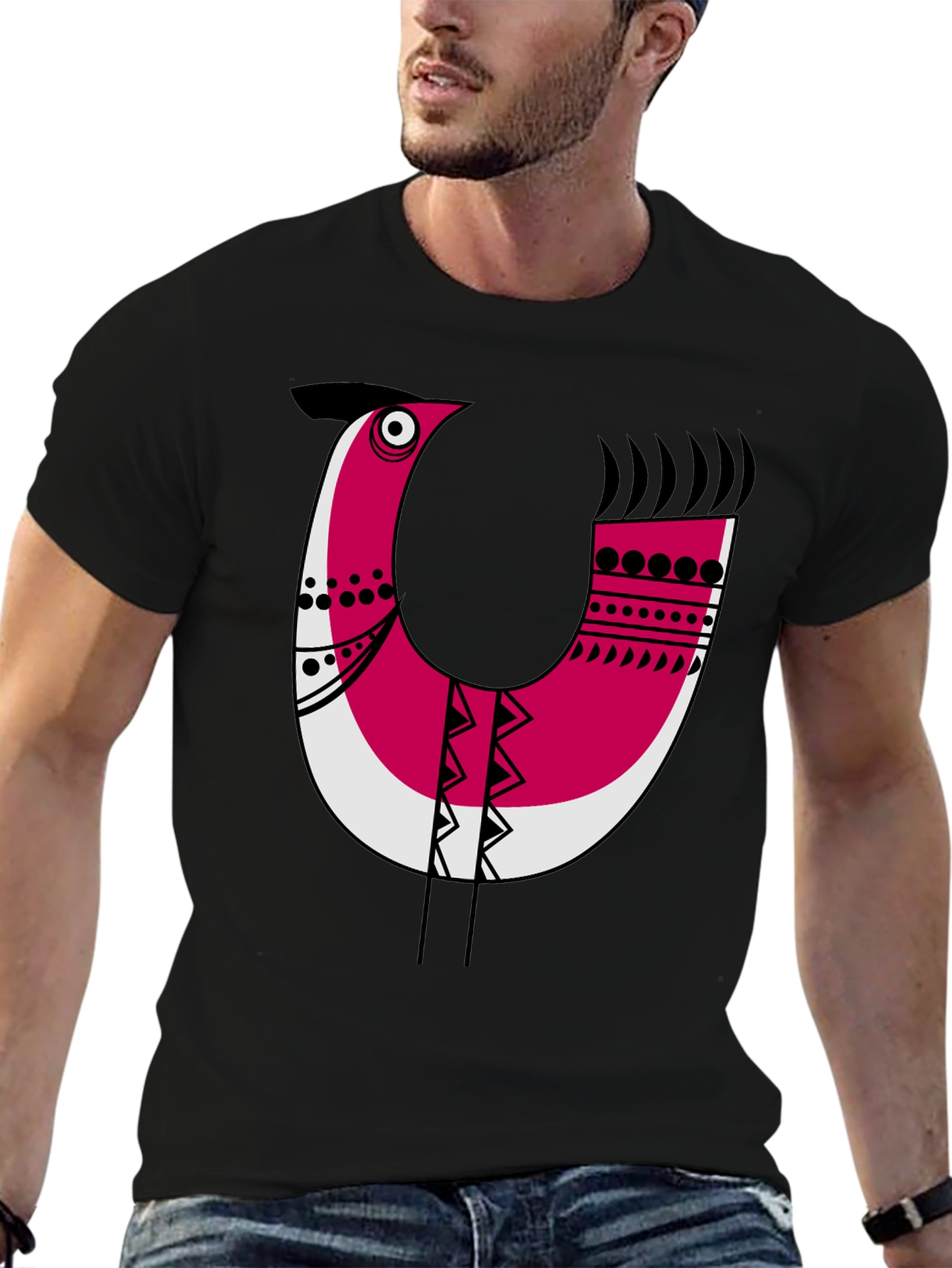 Abstract Bird Graphic Tee - Black Cotton Blend