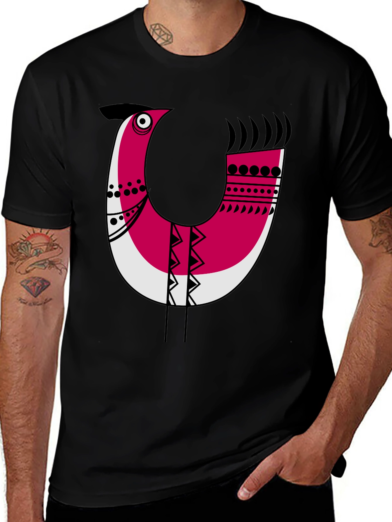 Abstract Bird Graphic Tee - Black Cotton Blend