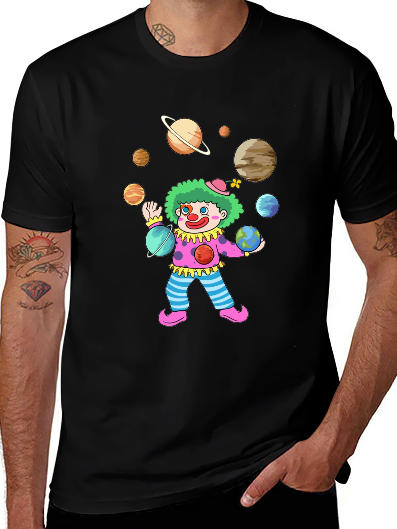 Clown Juggling Planets Graphic Tee - Black Cotton Shirt