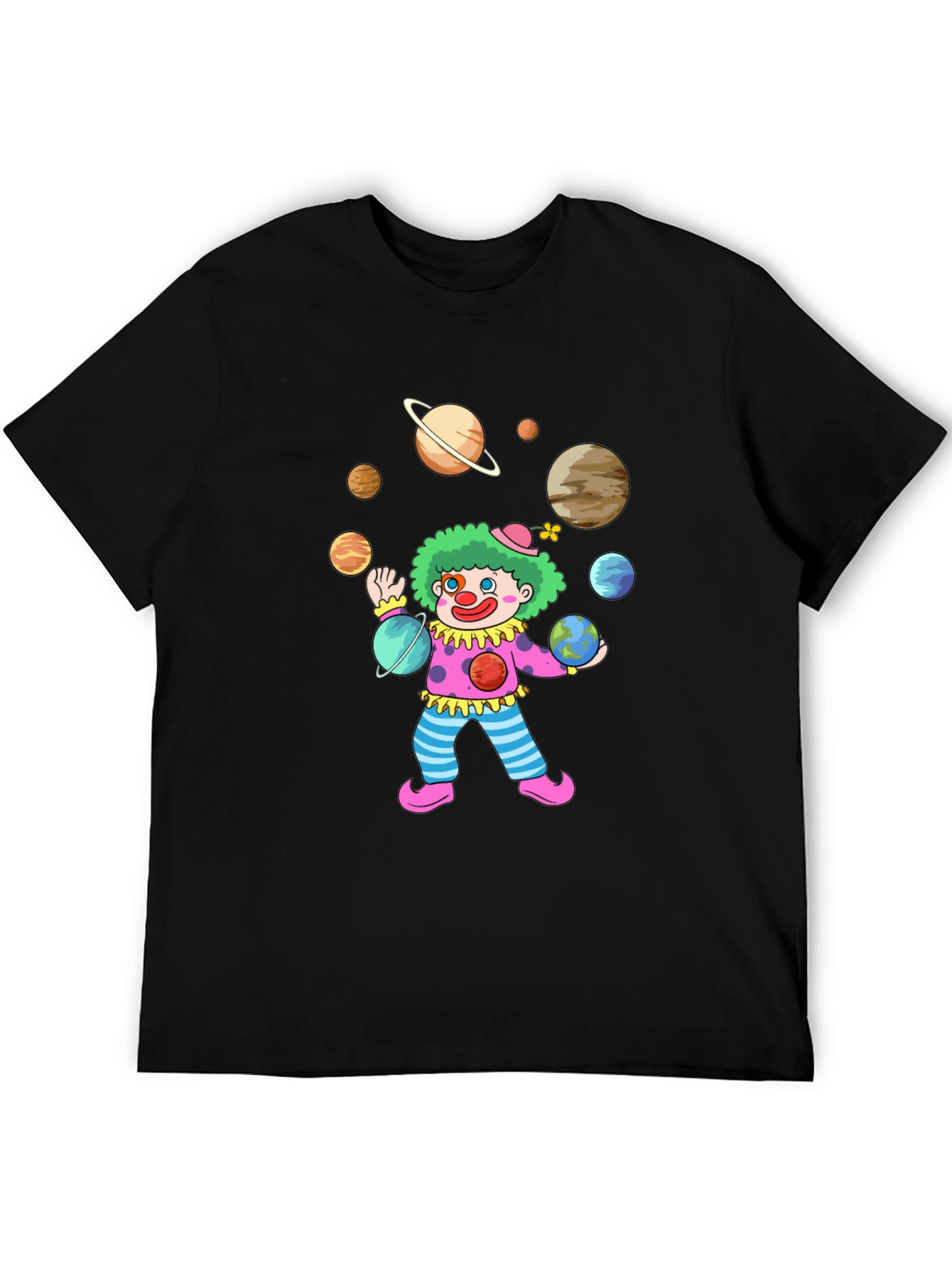 Clown Juggling Planets Graphic Tee - Black Cotton Shirt