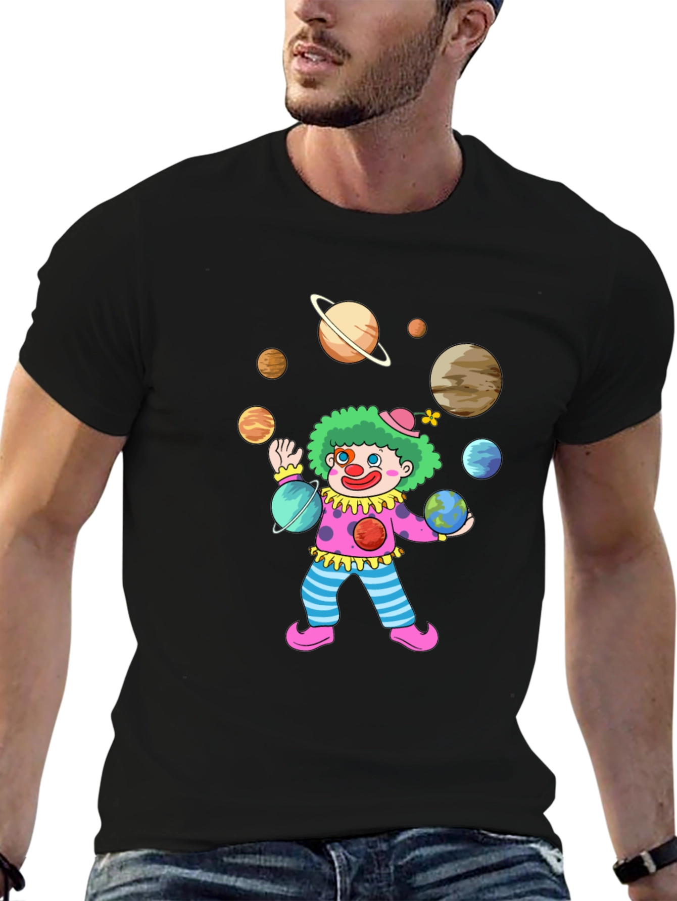 Clown Juggling Planets Graphic Tee - Black Cotton Shirt