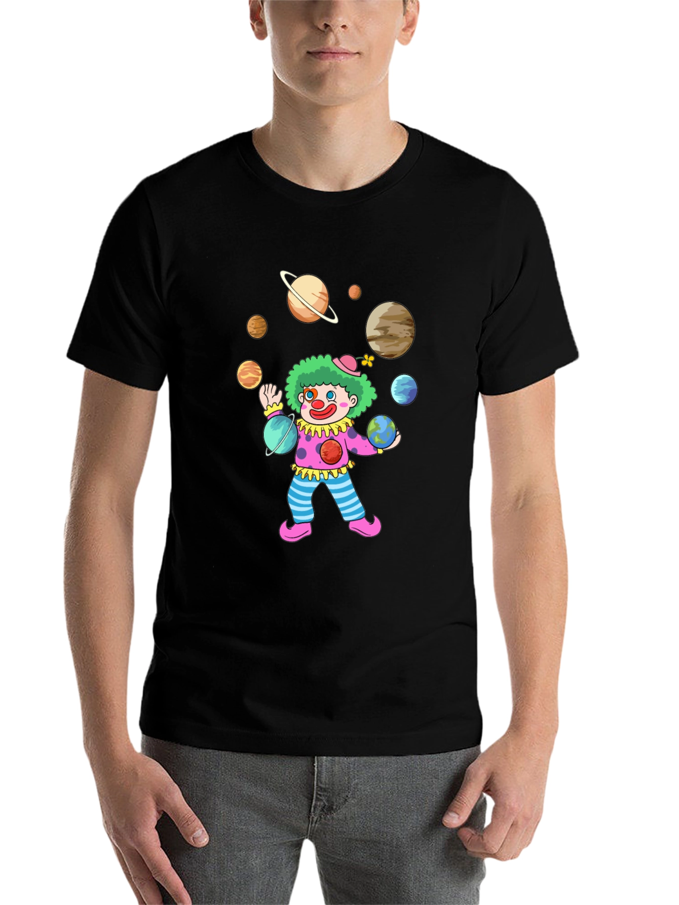 Clown Juggling Planets Graphic Tee - Black Cotton Shirt